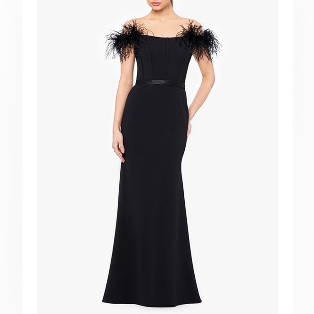 NWT Betsy & Adam Off-The-Shoulder Feather Trim Corset Mermaid Gown Sz 8